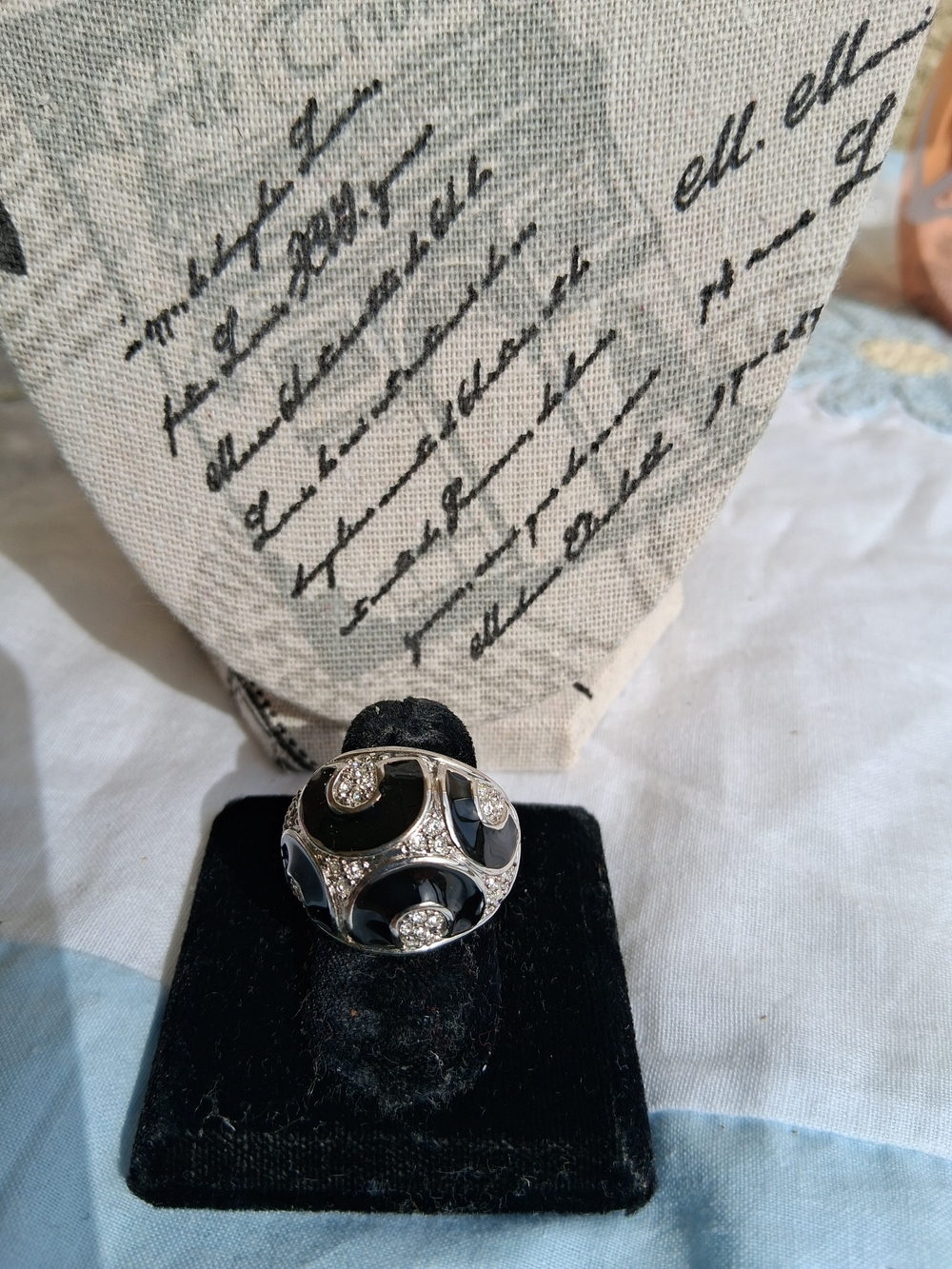 Black Enamel Dome Ring with Crystal Accents Silvertone